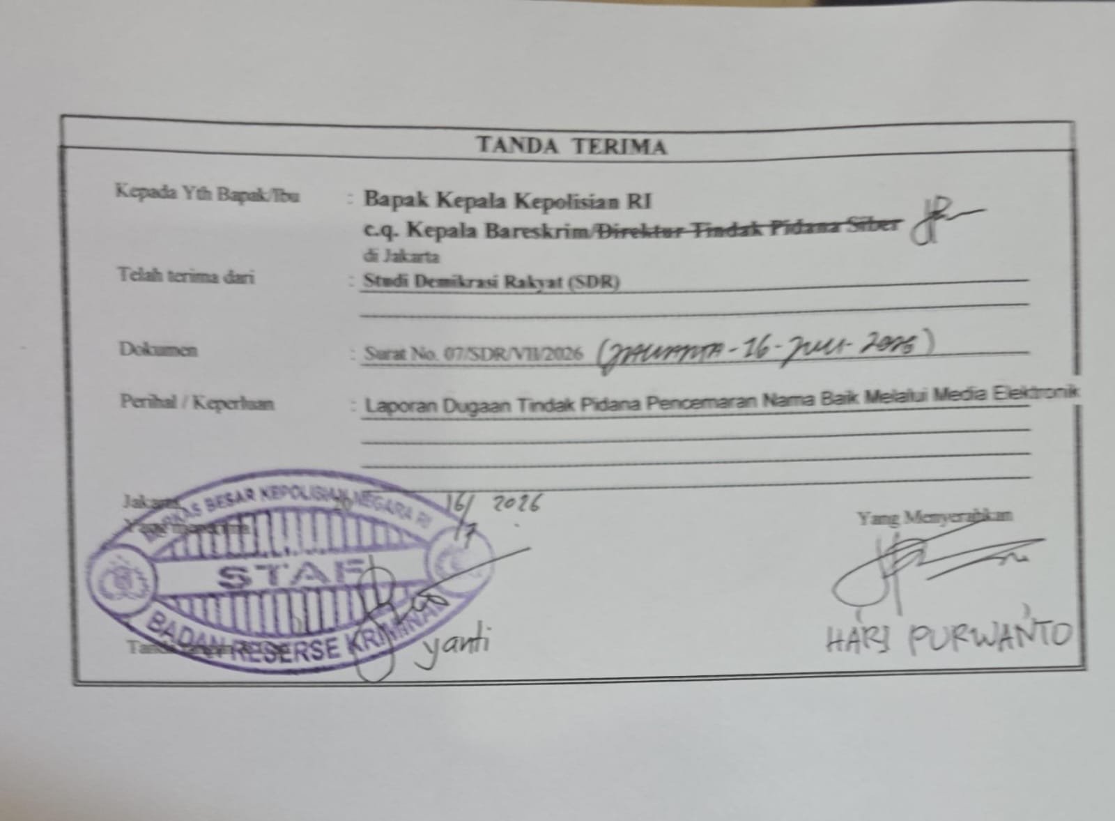 Laporan SDR Pencemaran Nama Baik Megawati